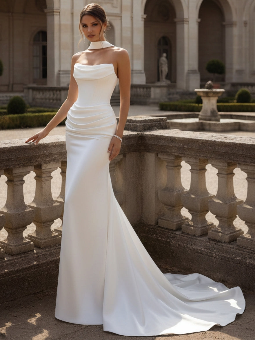 Trumpet/Mermaid Strapless Wedding Dress with Scarf Satin Floor-Length Sweep Train Ruched Ivory
