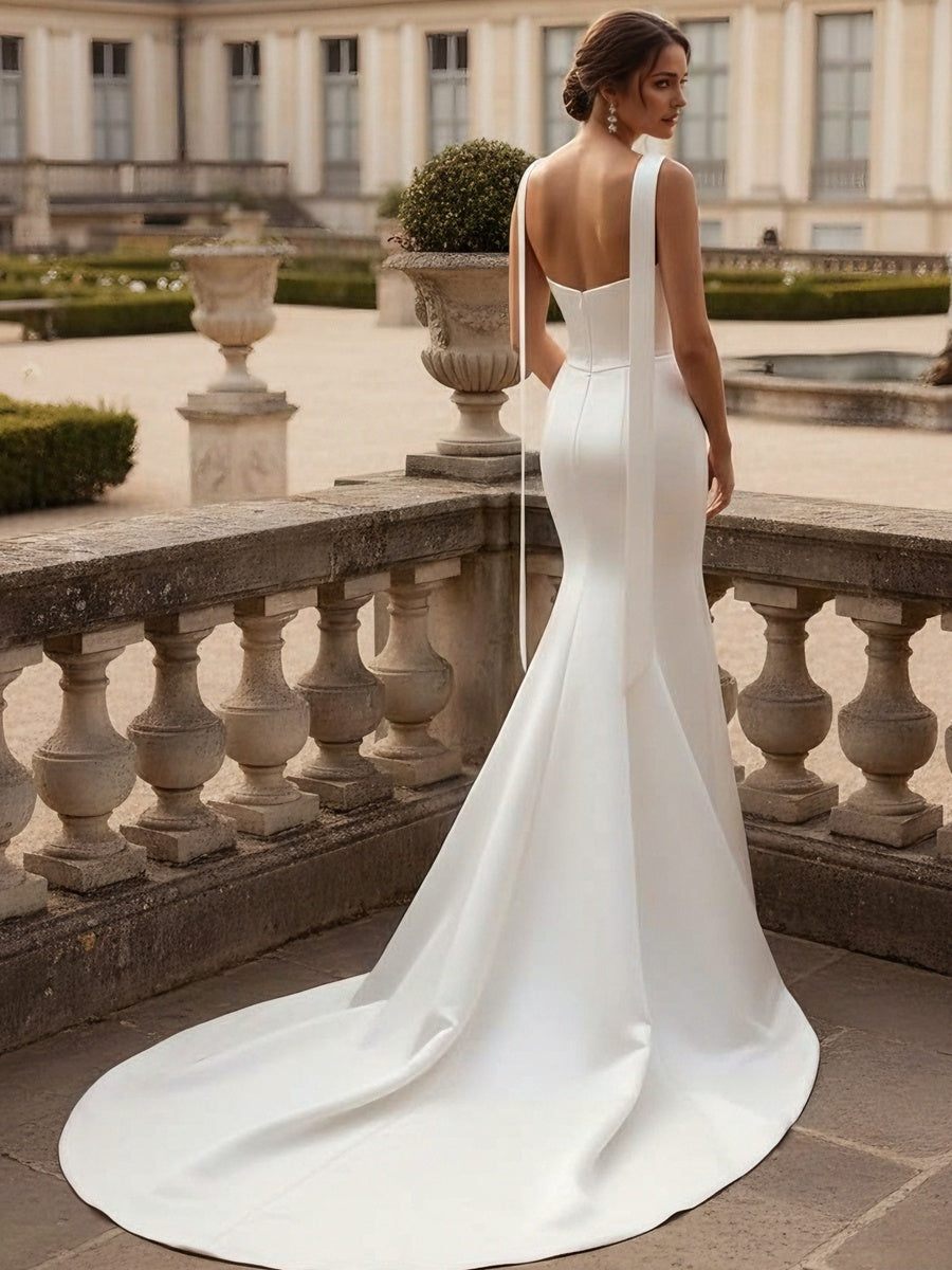 Trumpet/Mermaid Strapless Wedding Dress with Scarf Satin Floor-Length Sweep Train Ruched White