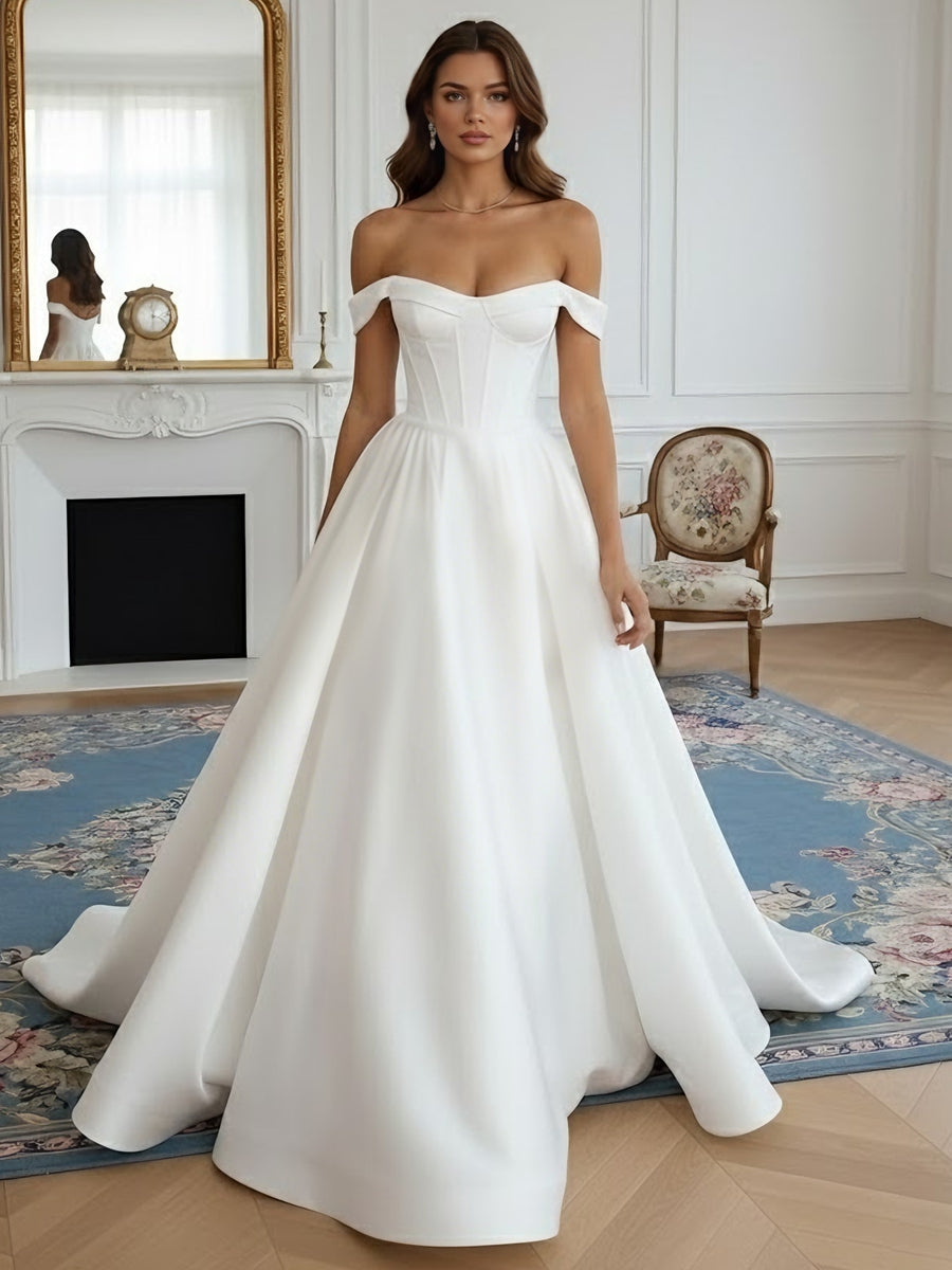 A-Line/Princess Off-the-Shoulder Wedding Dress Satin Floor-Length Sweep Train Ivory