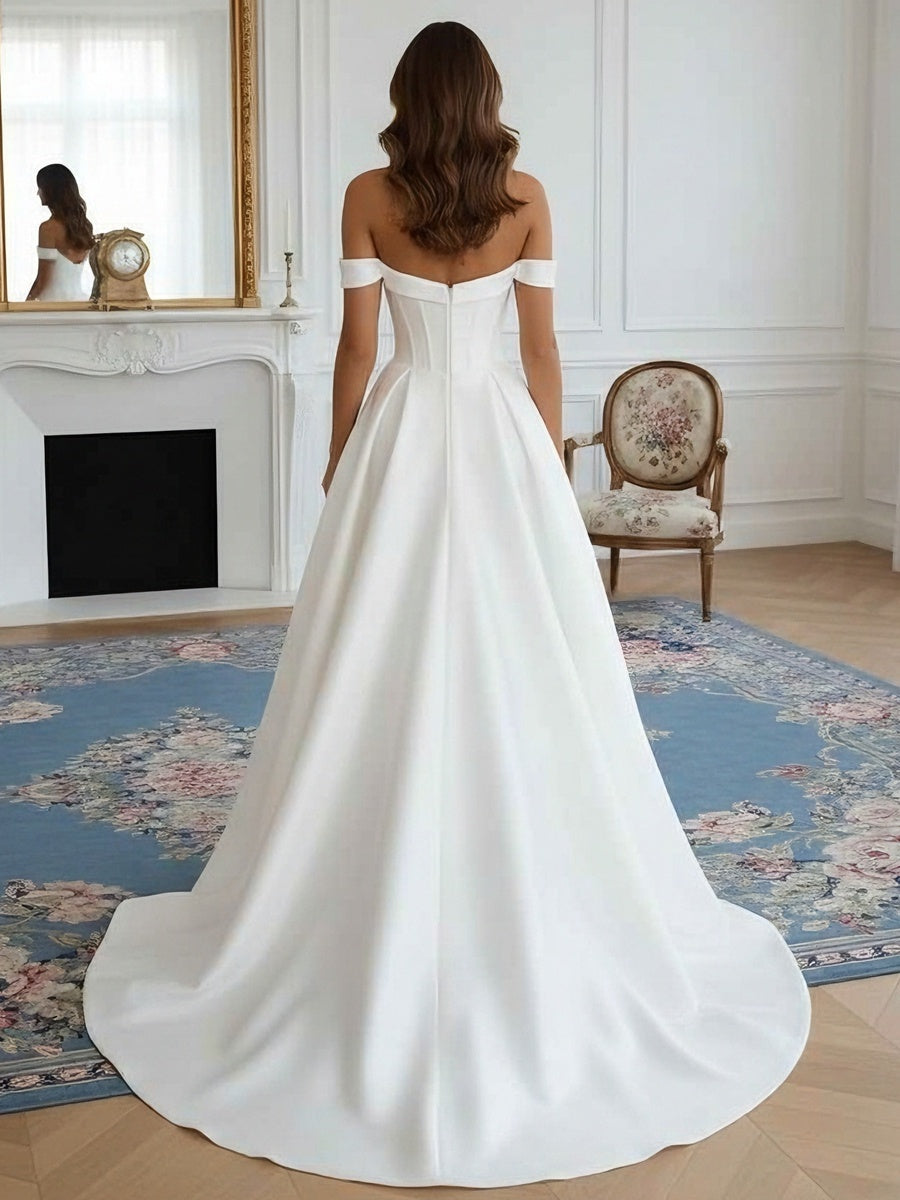 A-Line/Princess Off-the-Shoulder Wedding Dress Satin Floor-Length Sweep Train White