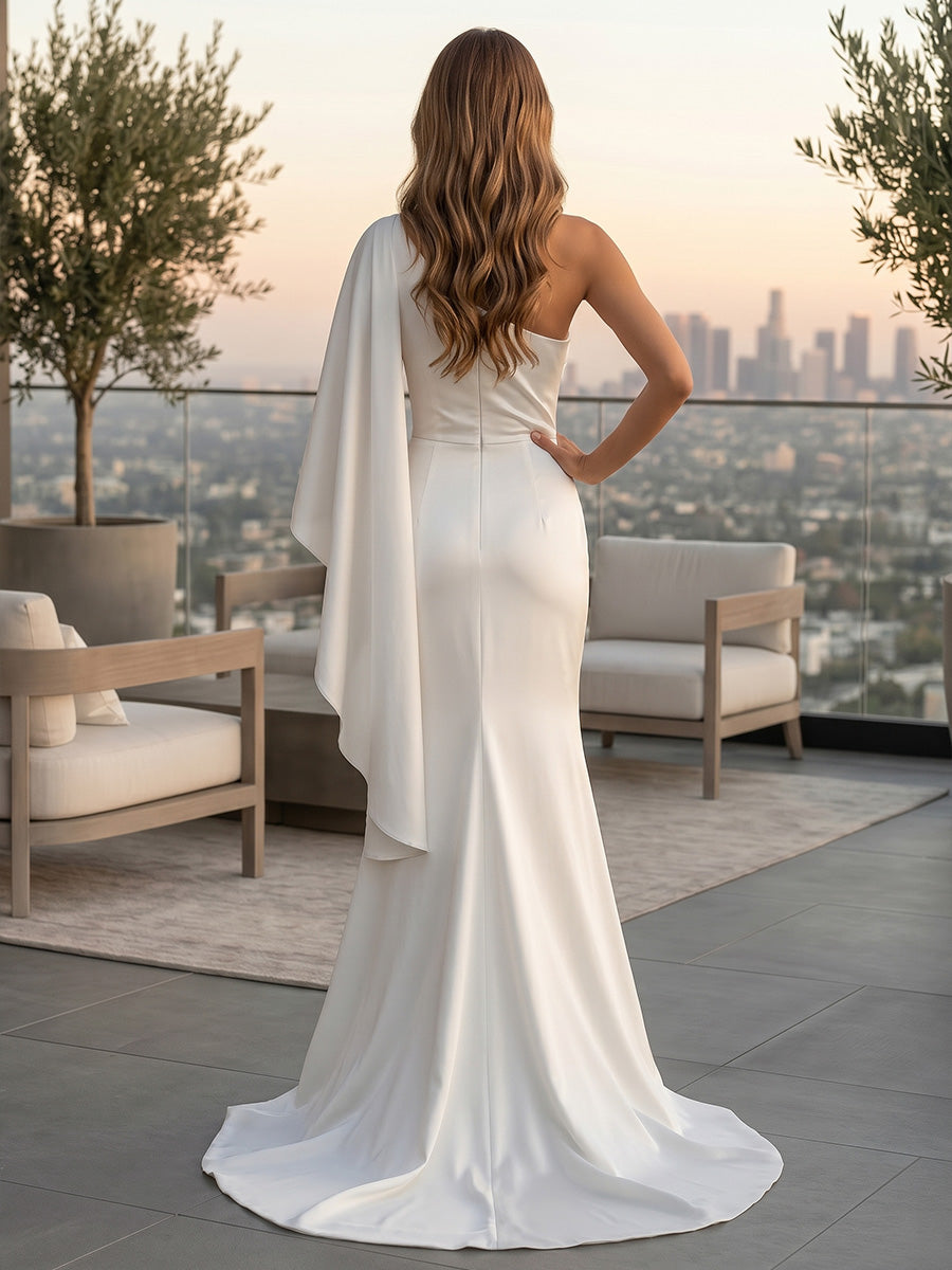 Trumpet/Mermaid One-Shoulder Satin Wedding Dresses with Split Side Long Sleeve Floor-Length Sweep Train/Brush Train White
