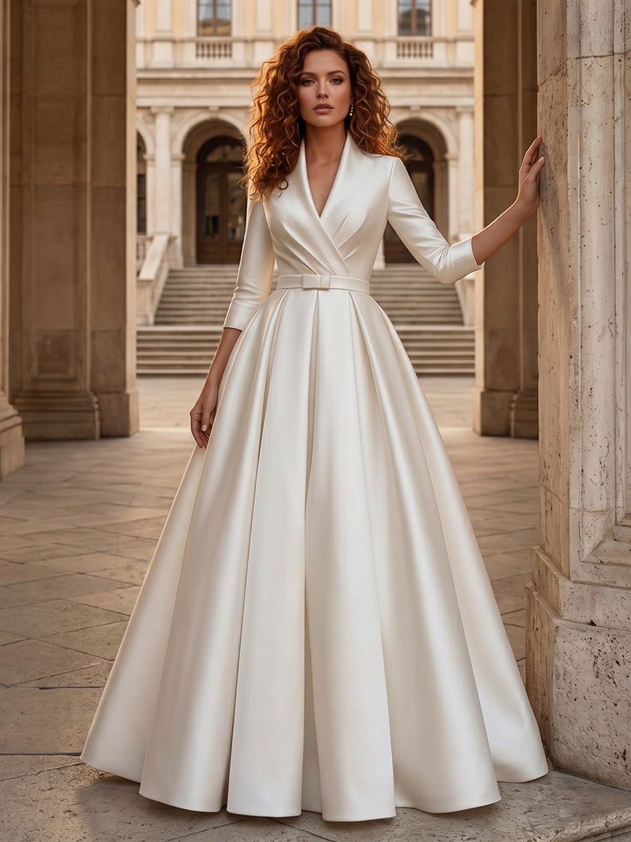 A-Line/Princess V-Neck Satin Wedding Dresses 3/4 Sleeves Floor-Length Ruched Ivory