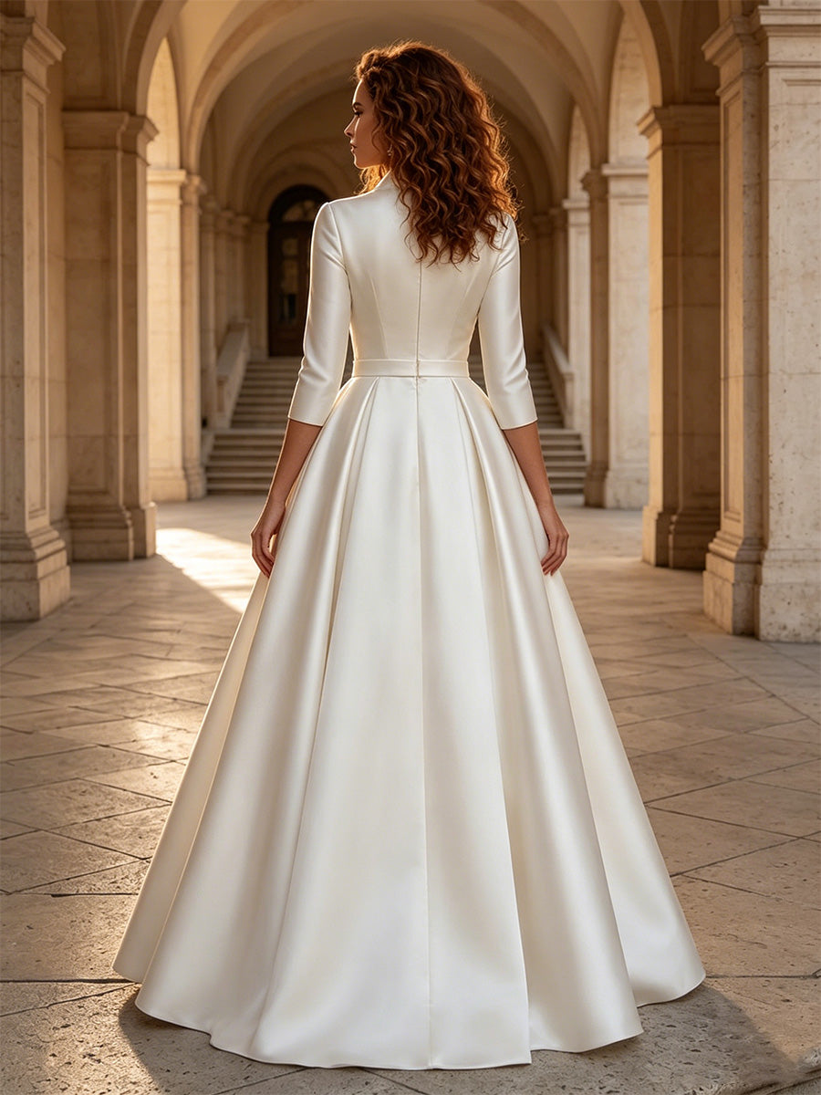 A-Line/Princess V-Neck Satin Wedding Dresses 3/4 Sleeves Floor-Length Ruched White