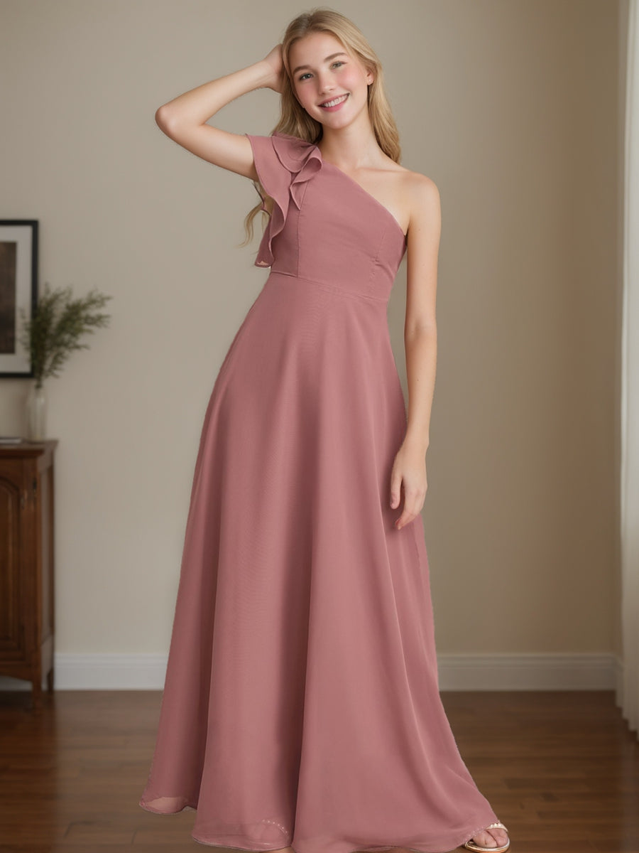 A-Line/Princess One-Shoulder Sleeveless Junior Bridesmaid Dresses with Ruffles As Pic