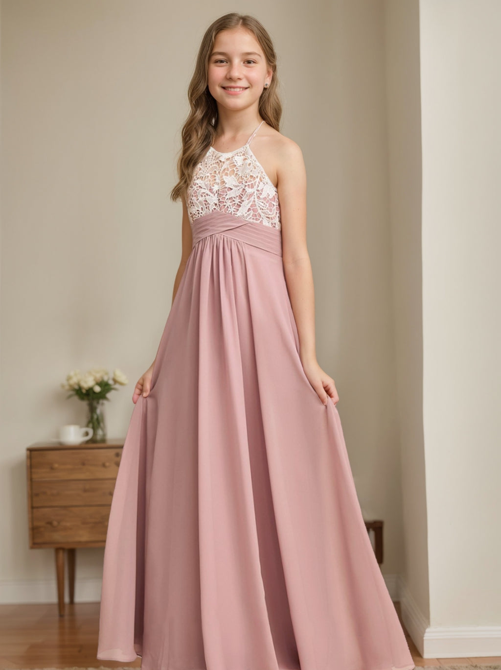 A-Line/Princess Halter Sleeveless Junior Bridesmaid Dresses with Lace Dusty Rose