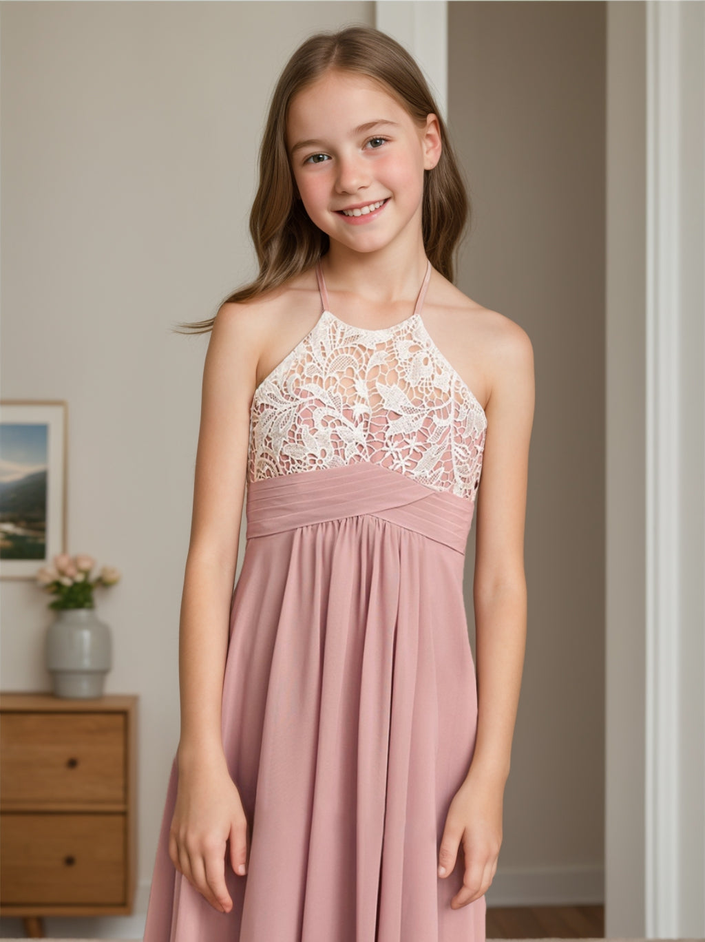 A-Line/Princess Halter Sleeveless Junior Bridesmaid Dresses with Lace Blue