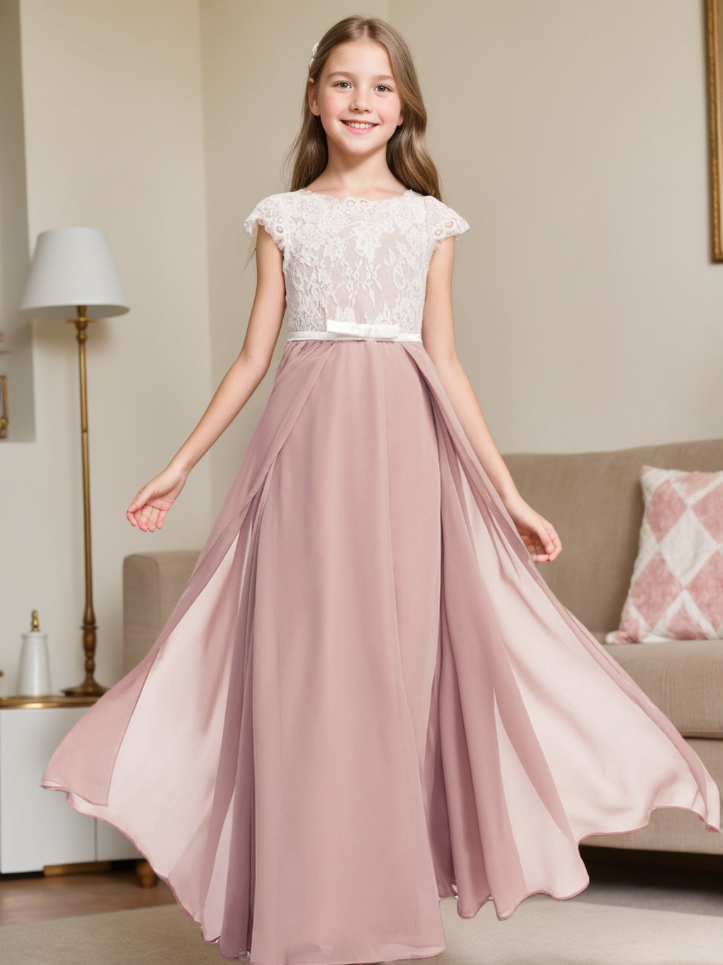 A-Line/Princess Short Sleeves Lace Junior Bridesmaid Dresses Dusty Rose