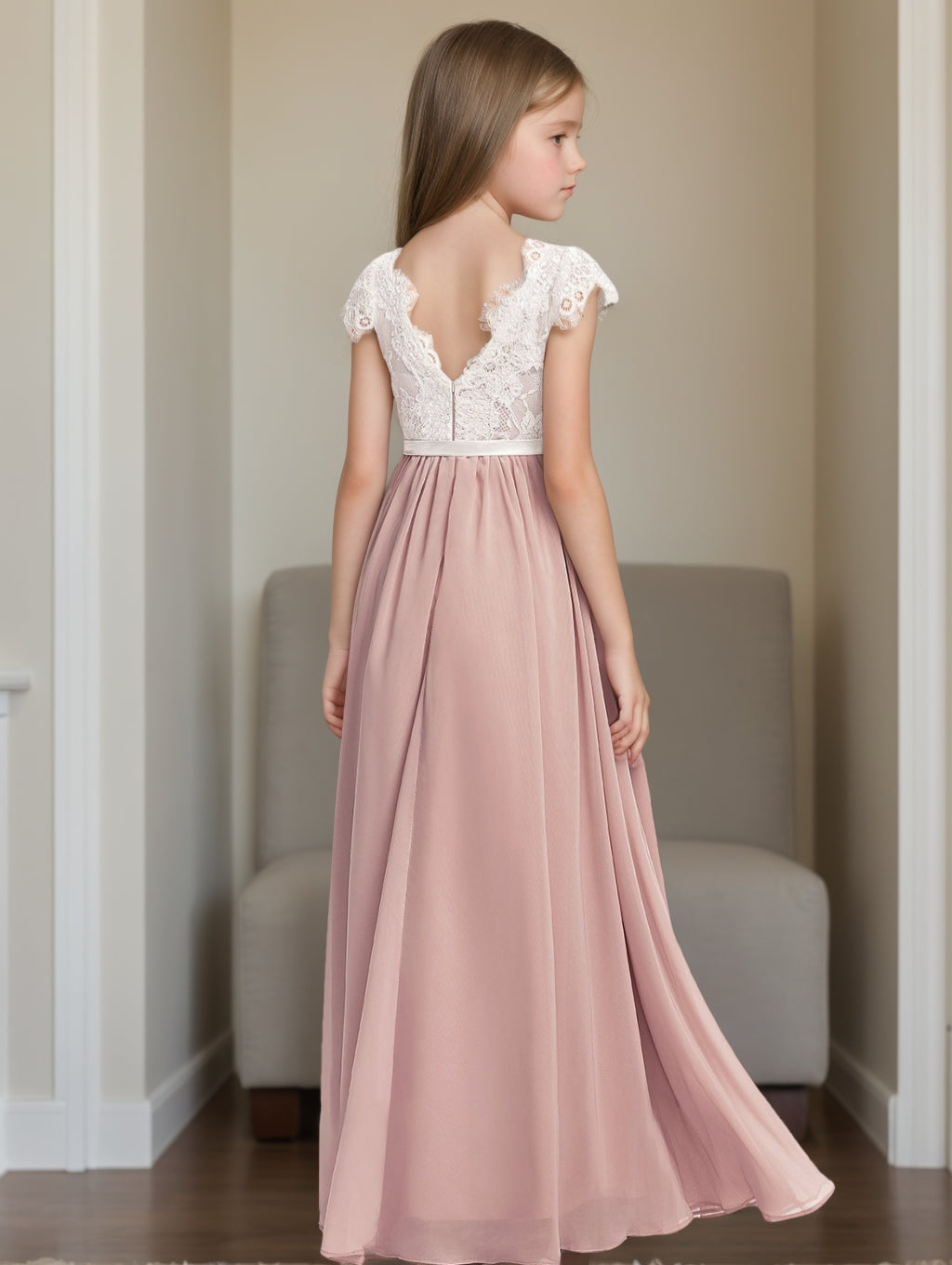 A-Line/Princess Short Sleeves Lace Junior Bridesmaid Dresses Dark Green