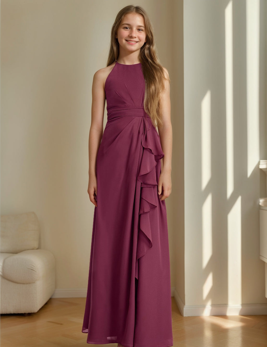 A-Line/Princess Criss Cross Sleeveless Ruffles Junior Bridesmaid Dresses with Sash Mulberry