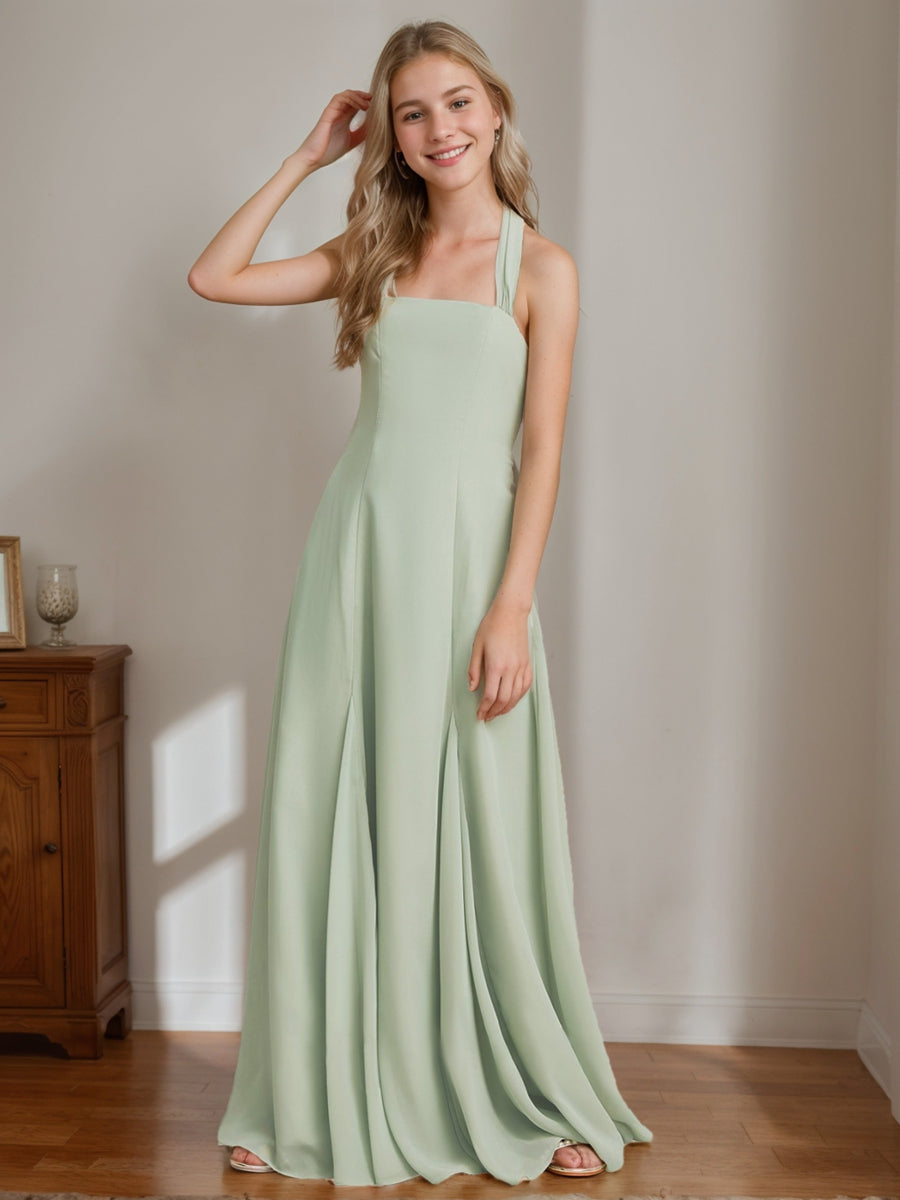 A-Line/Princess Halter Sleeveless Floor-Length Junior Bridesmaid Dress Celadon