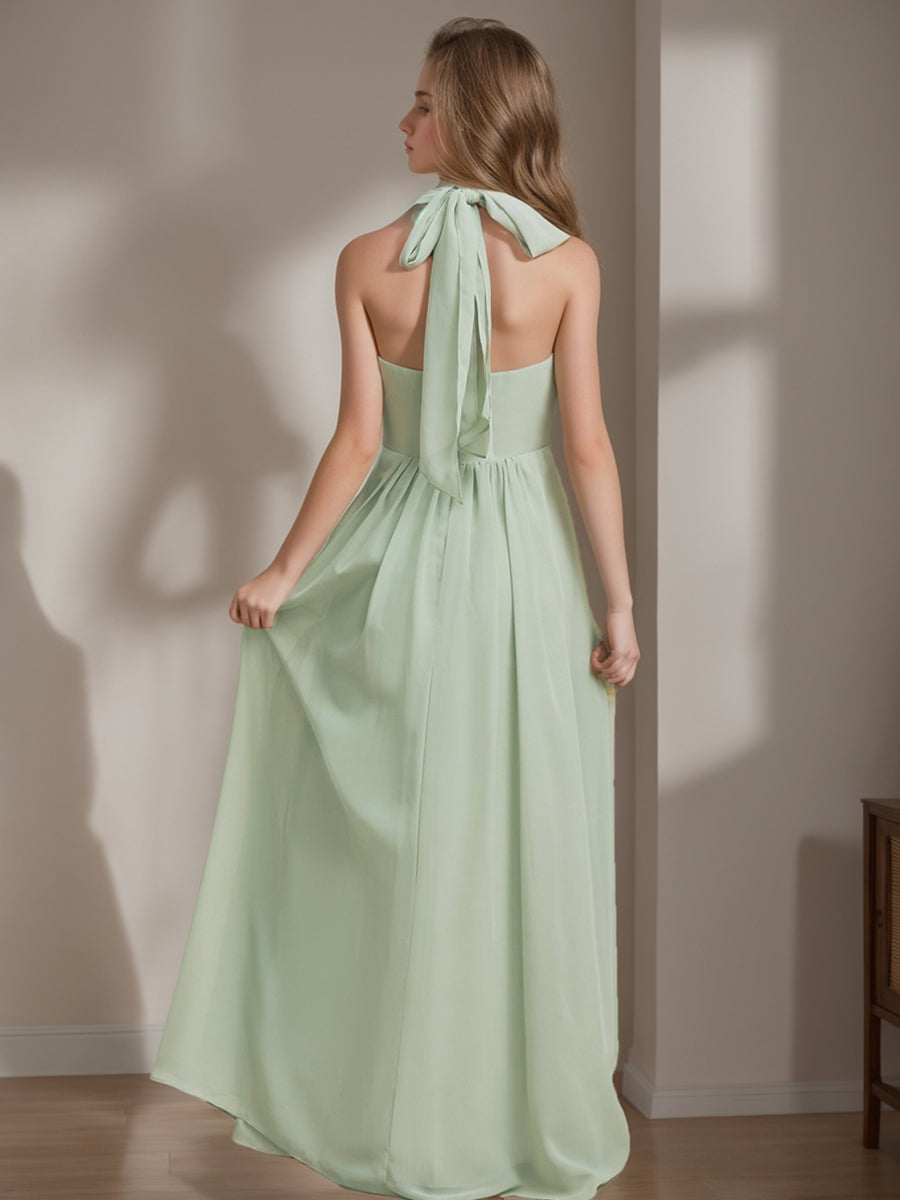 A-Line/Princess Halter Sleeveless Floor-Length Junior Bridesmaid Dress Mulberry