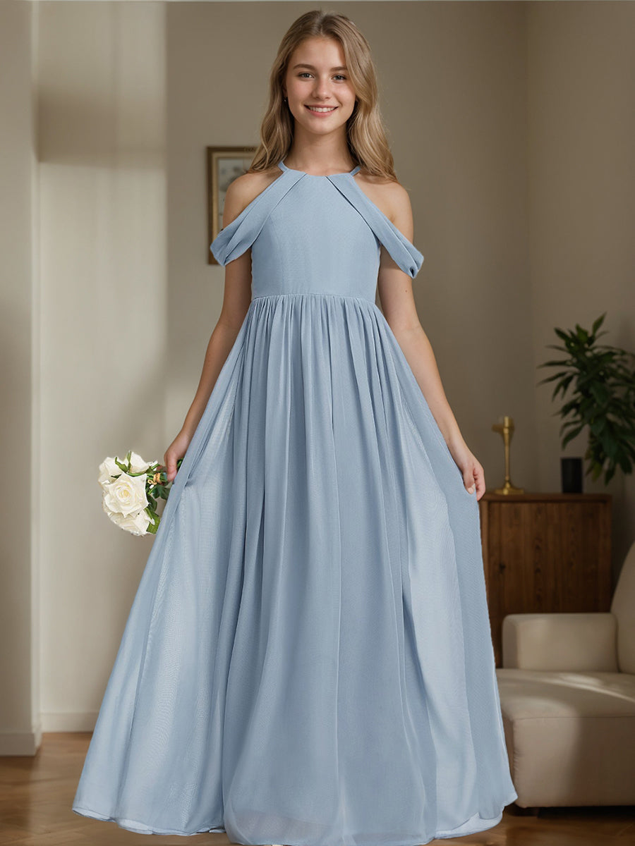 A-Line/Princess Off-the-Shoulder Sleeveless Junior Bridesmaid Dresses with Pleats Dusty Blue