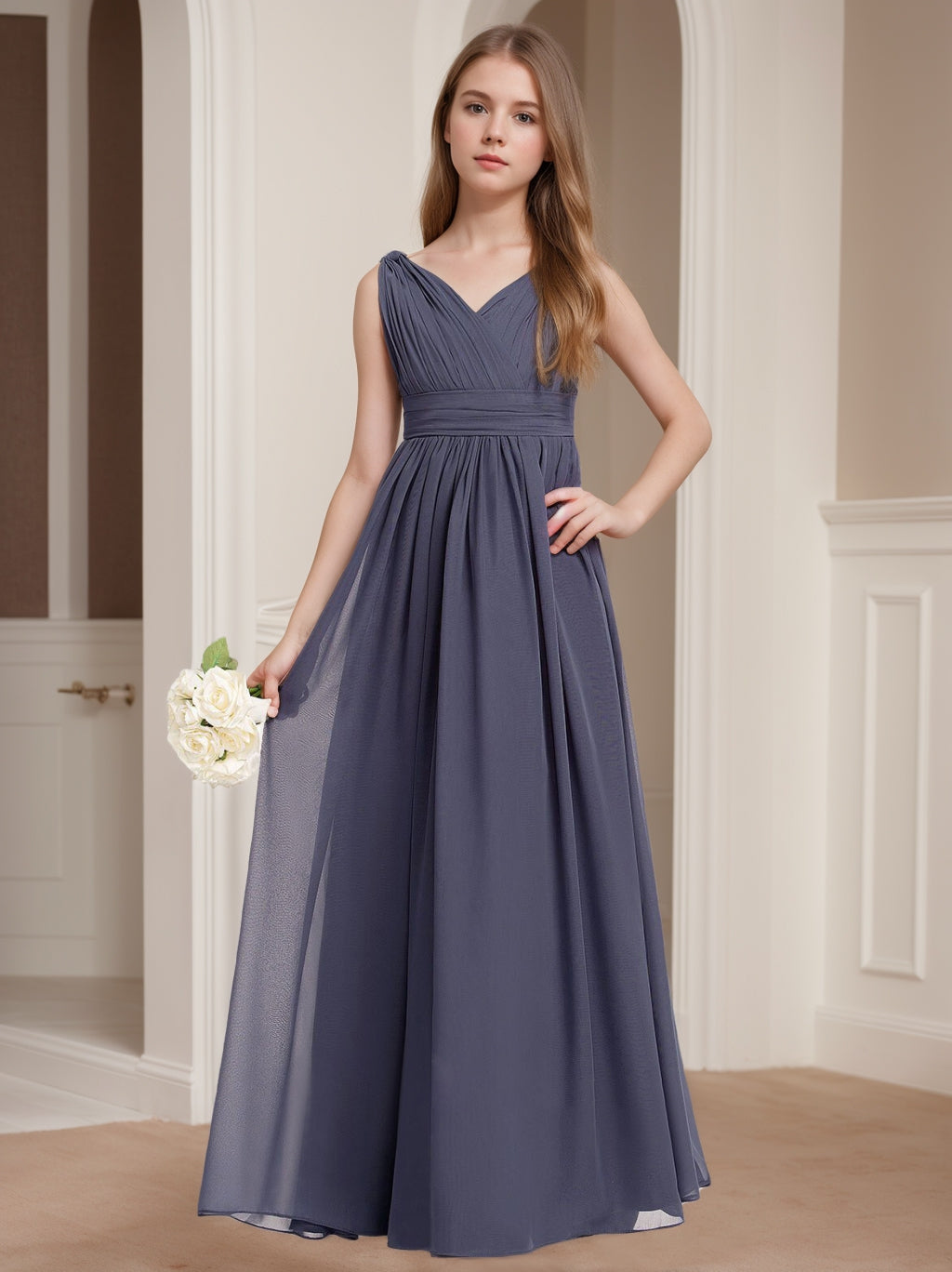 A-Line/Princess V-Neck Sleeveless Junior Girl Bridesmaid Dresses with Pleats Stormy