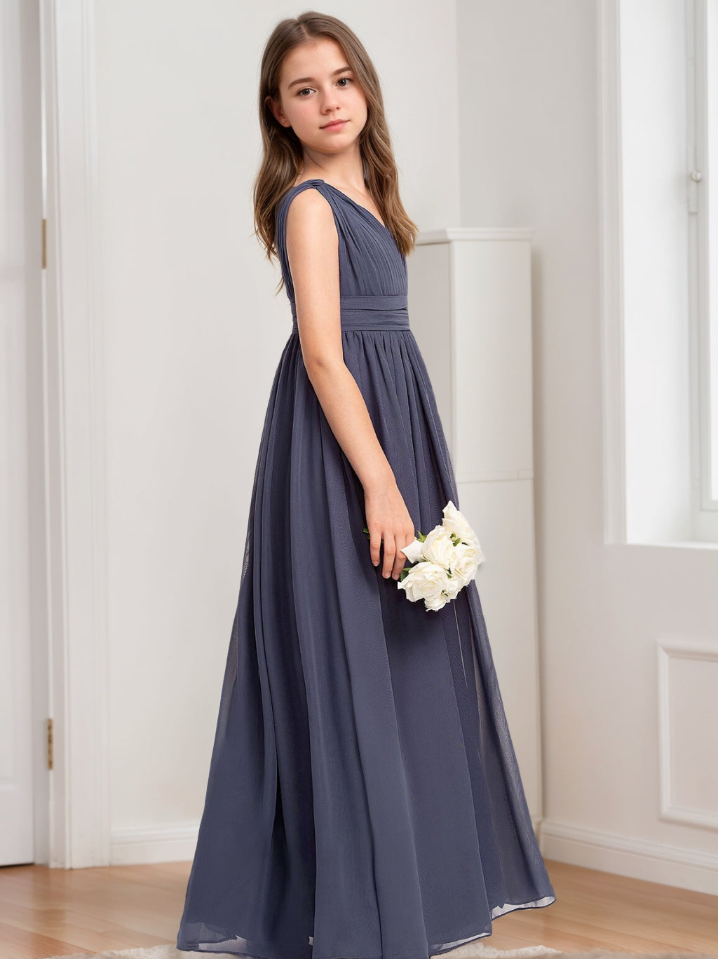A-Line/Princess V-Neck Sleeveless Junior Girl Bridesmaid Dresses with Pleats Blue