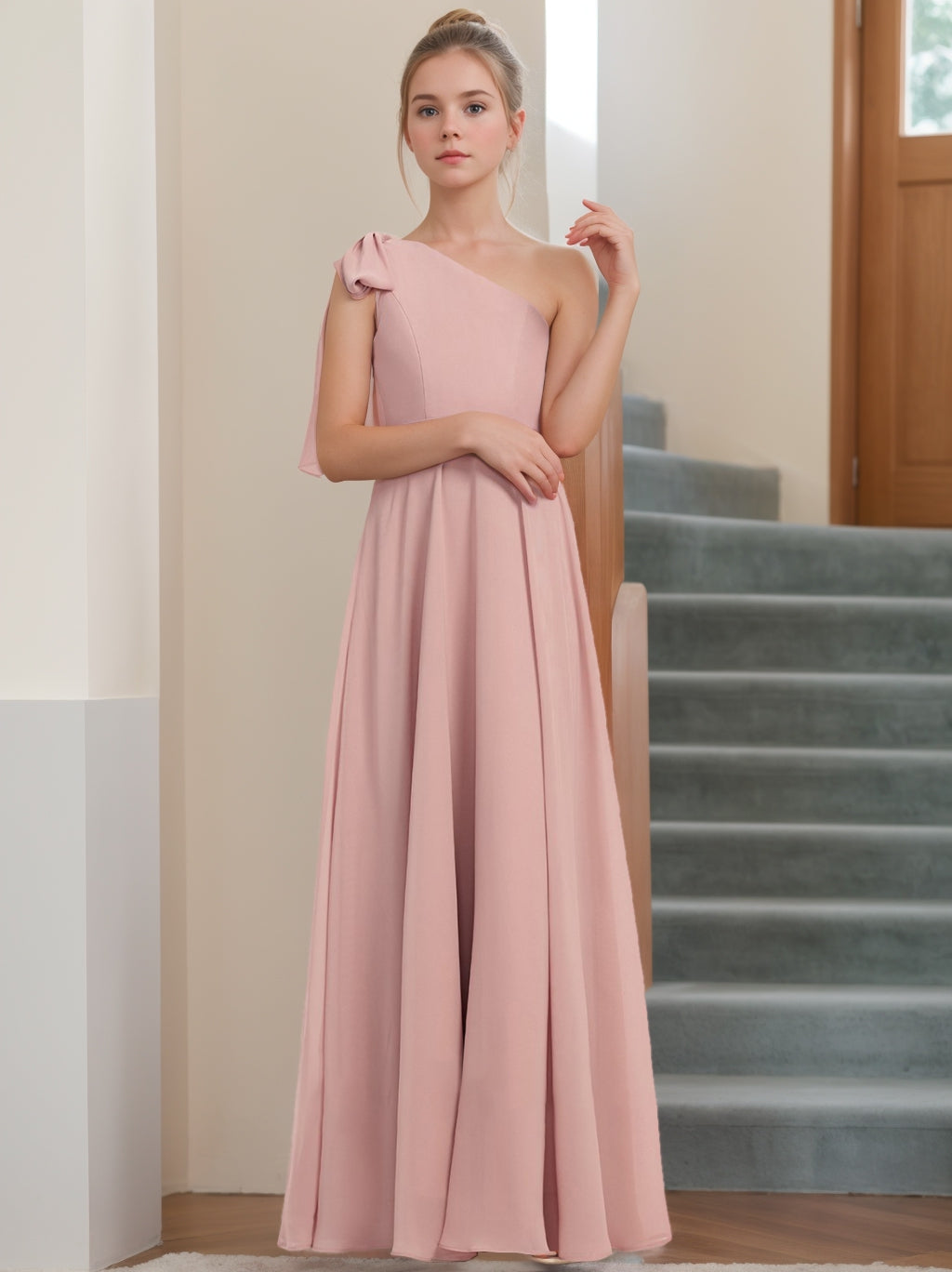 A-Line/Princess One-Shoulder Sleeveless Junior Bridesmaid Dresses with Bow Dusty Rose