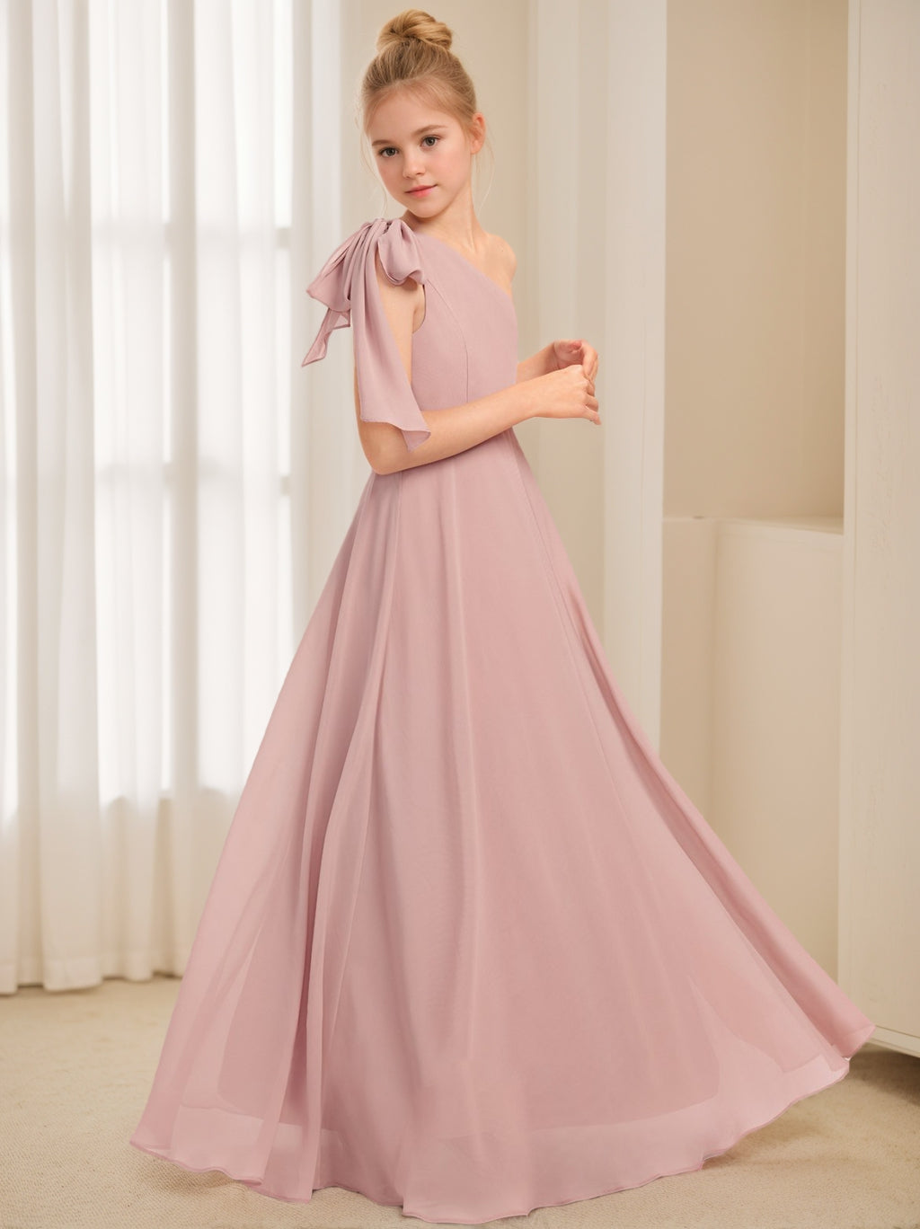 A-Line/Princess One-Shoulder Sleeveless Junior Bridesmaid Dresses with Bow Blue