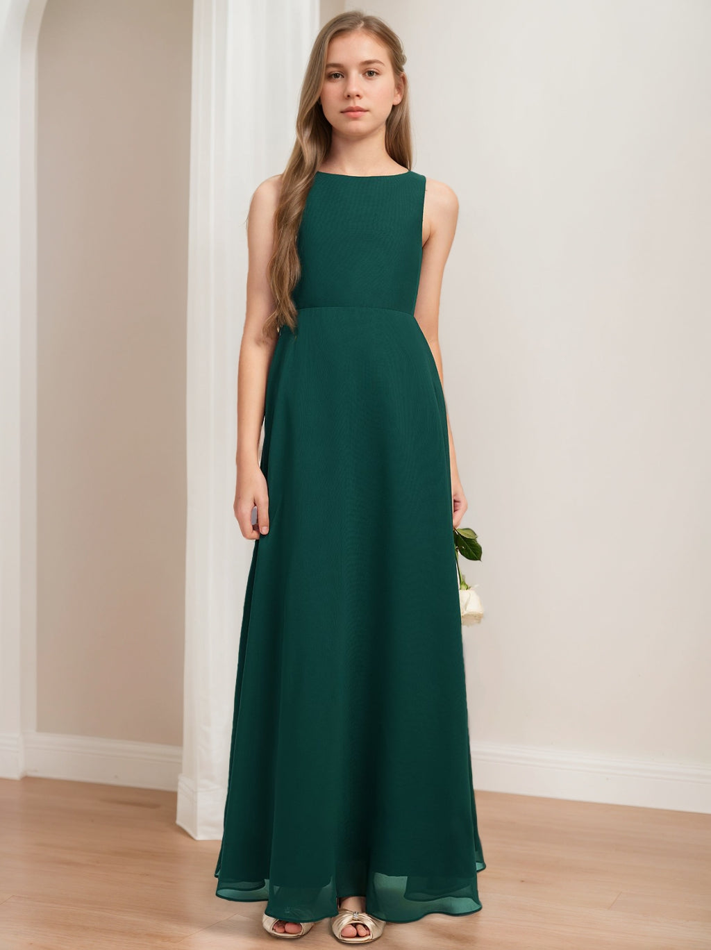 A-Line/Princess Round Neck Sleeveless Ankle-Length Junior Bridesmaid Dresses Dark Green