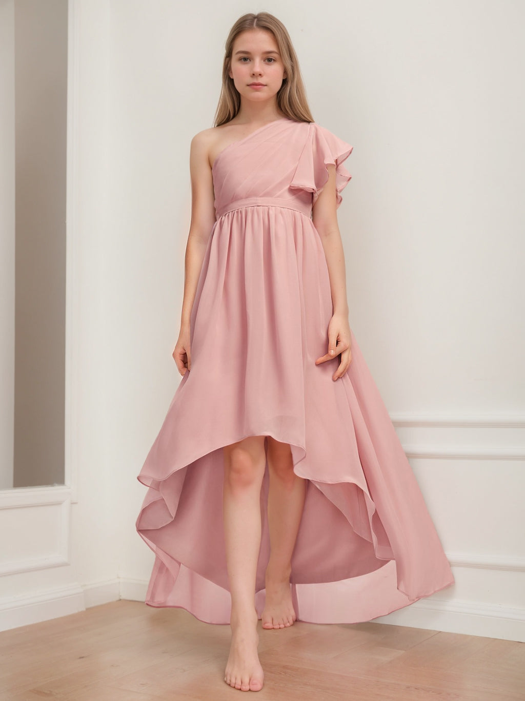 One-Shoulder Sleeveless High Low Junior Bridesmaid Dresses with Sash Blush Pink