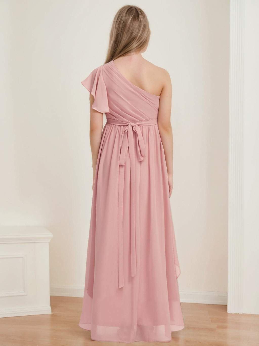 One-Shoulder Sleeveless High Low Junior Bridesmaid Dresses with Sash Dusty Rose
