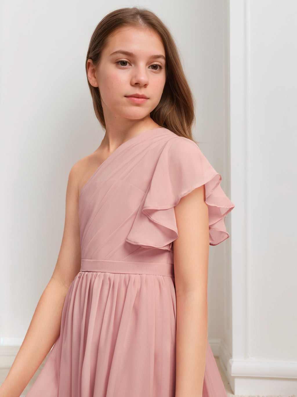 One-Shoulder Sleeveless High Low Junior Bridesmaid Dresses with Sash Black