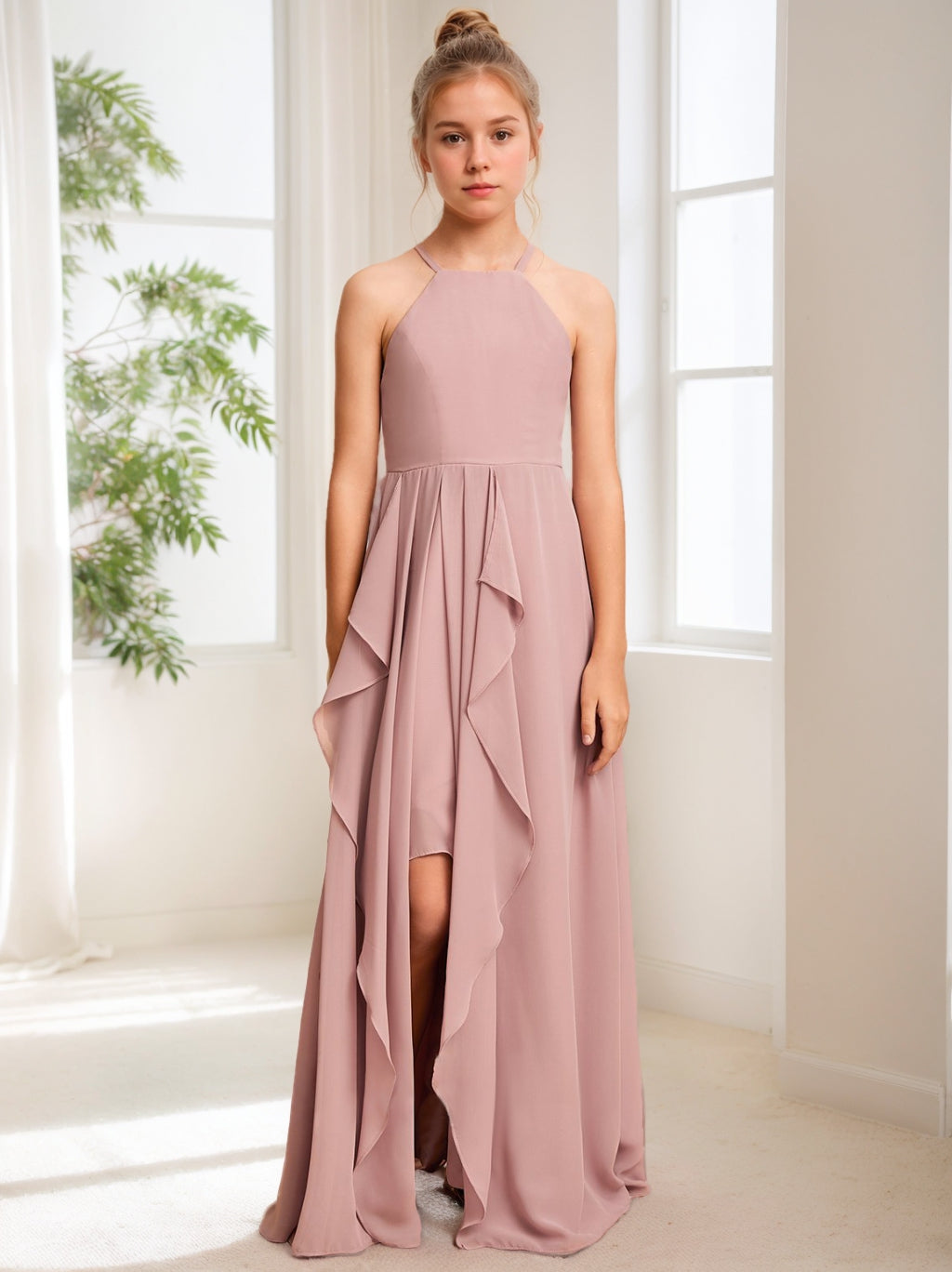 A-Line/Princess Halter Sleeveless Junior Bridesmaid Dresses with Ruffles Dusty Rose