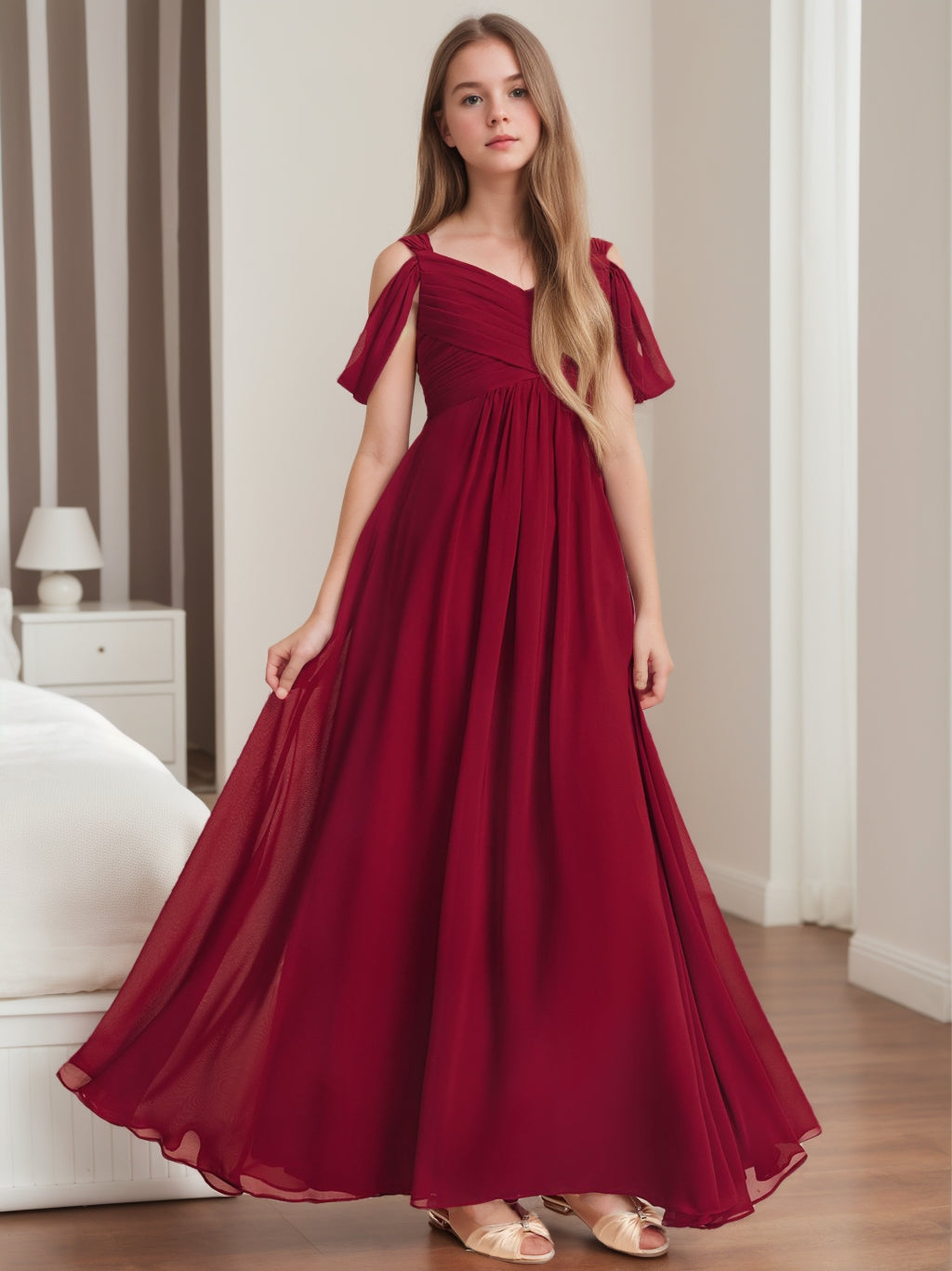 A-Line/Princess Off-the-Shoulder Junior Girl Bridesmaid Dresses with Pleats Burgundy