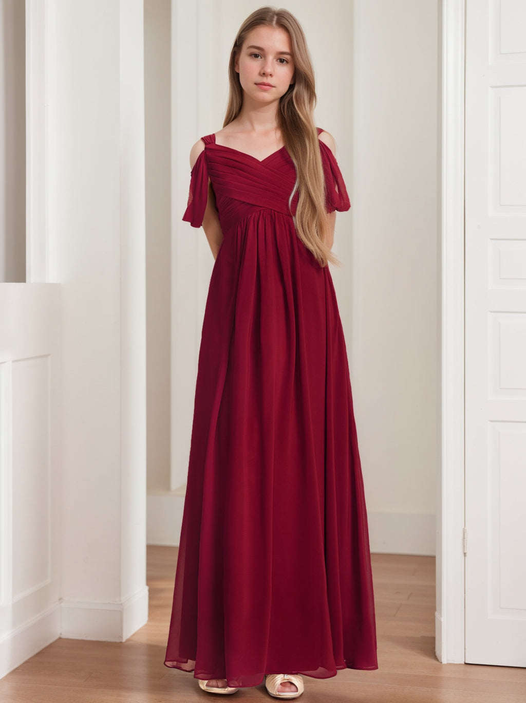 A-Line/Princess Off-the-Shoulder Junior Girl Bridesmaid Dresses with Pleats Blue