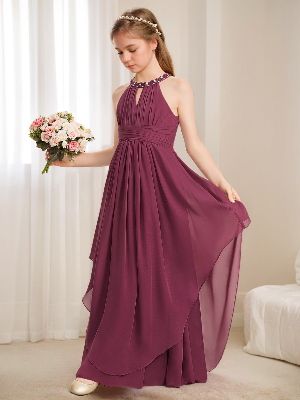 A-Line/Princess Halter Floor-Length Junior Girl Bridesmaid Dresses with Beadings Mulberry