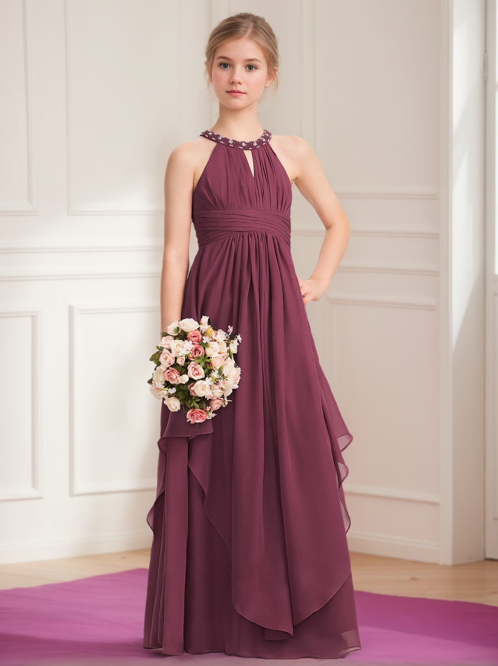 A-Line/Princess Halter Floor-Length Junior Girl Bridesmaid Dresses with Beadings Burgundy