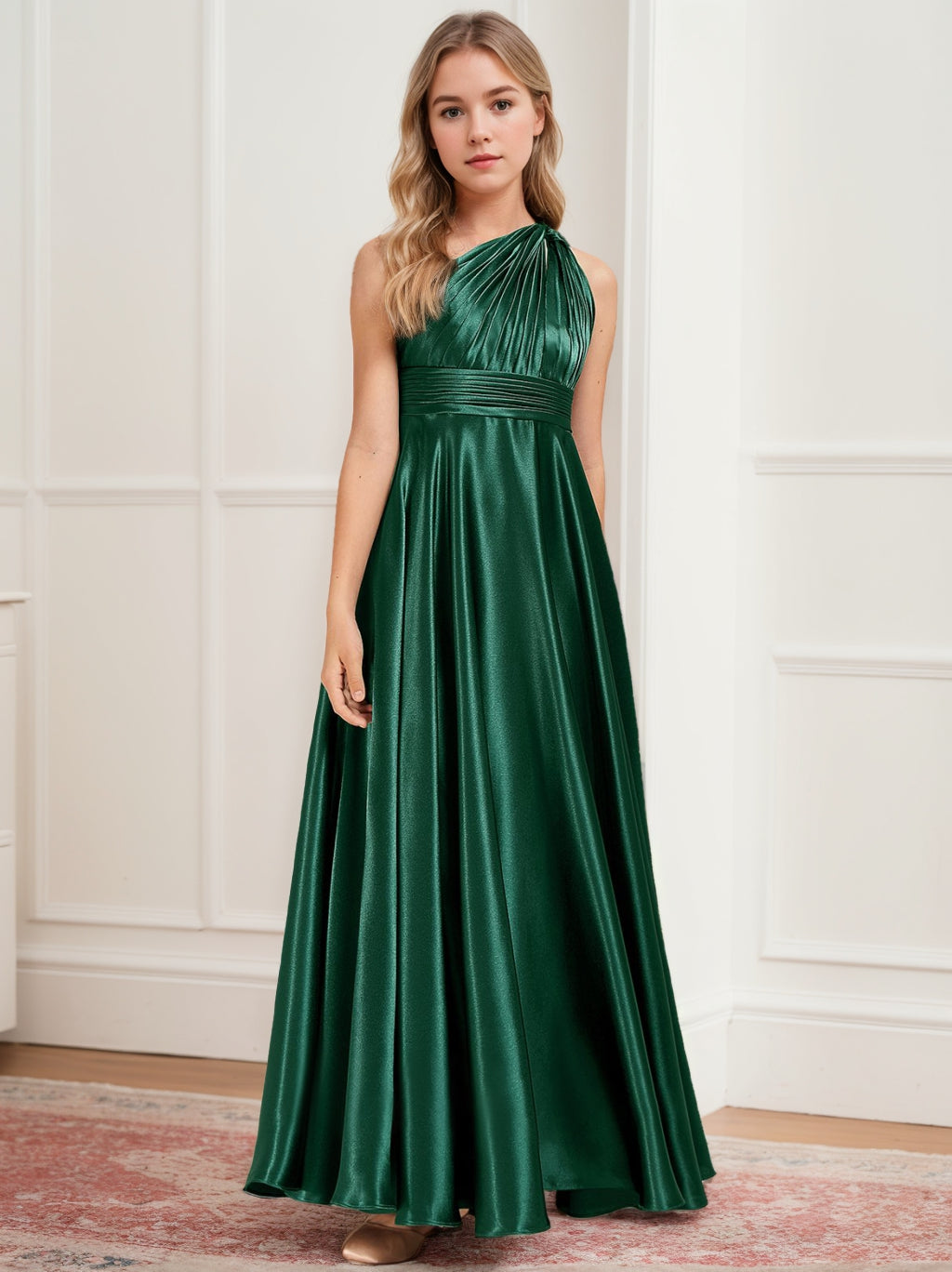 A-Line/Princess One Shoulder Ankle-Length Junior Girl Bridesmaid Dresses with Pleats Dark Green