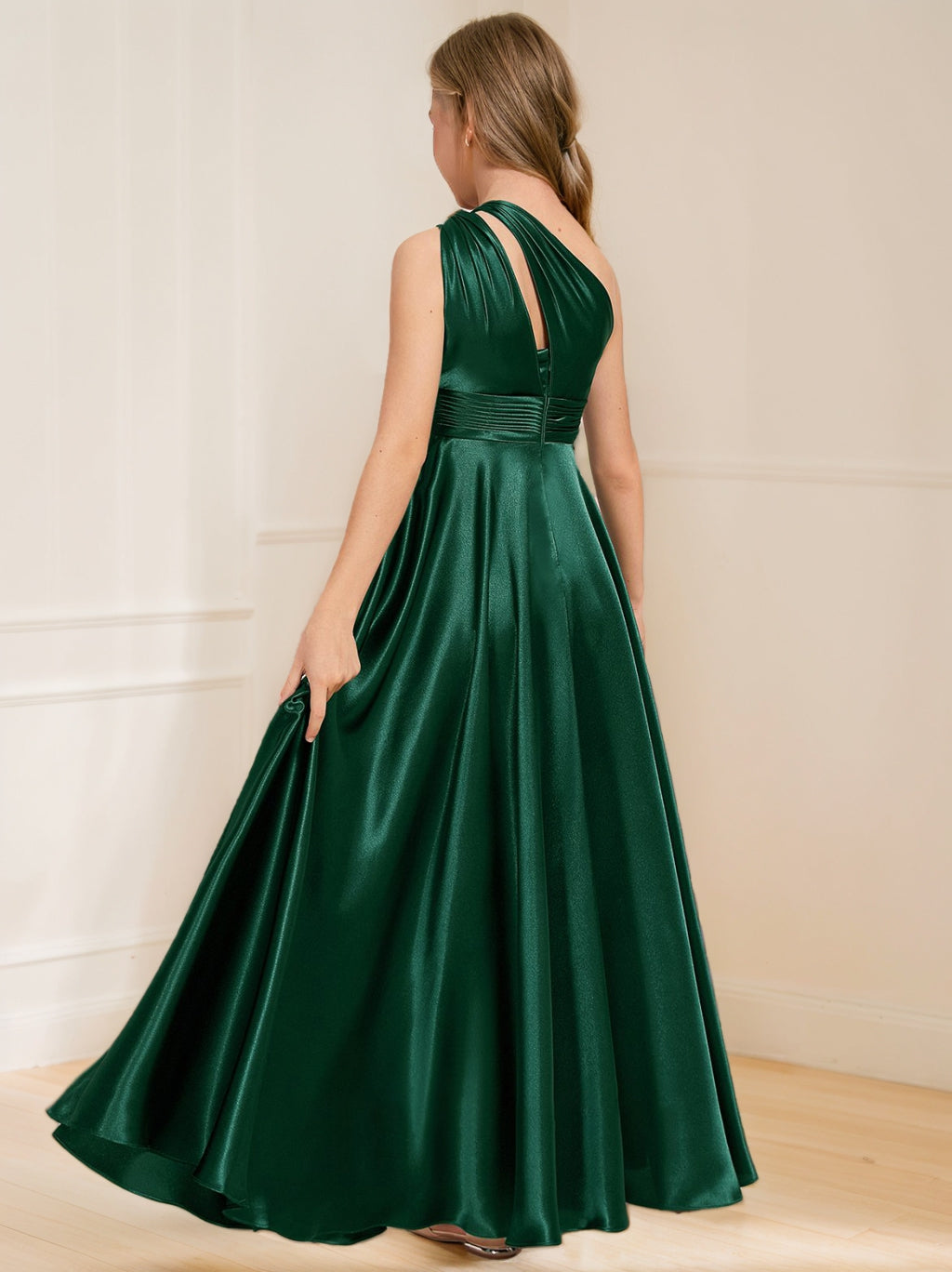A-Line/Princess One Shoulder Ankle-Length Junior Girl Bridesmaid Dresses with Pleats Black
