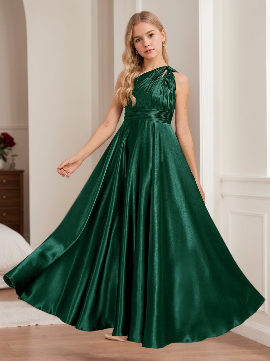 A-Line/Princess One Shoulder Ankle-Length Junior Girl Bridesmaid Dresses with Pleats Burgundy