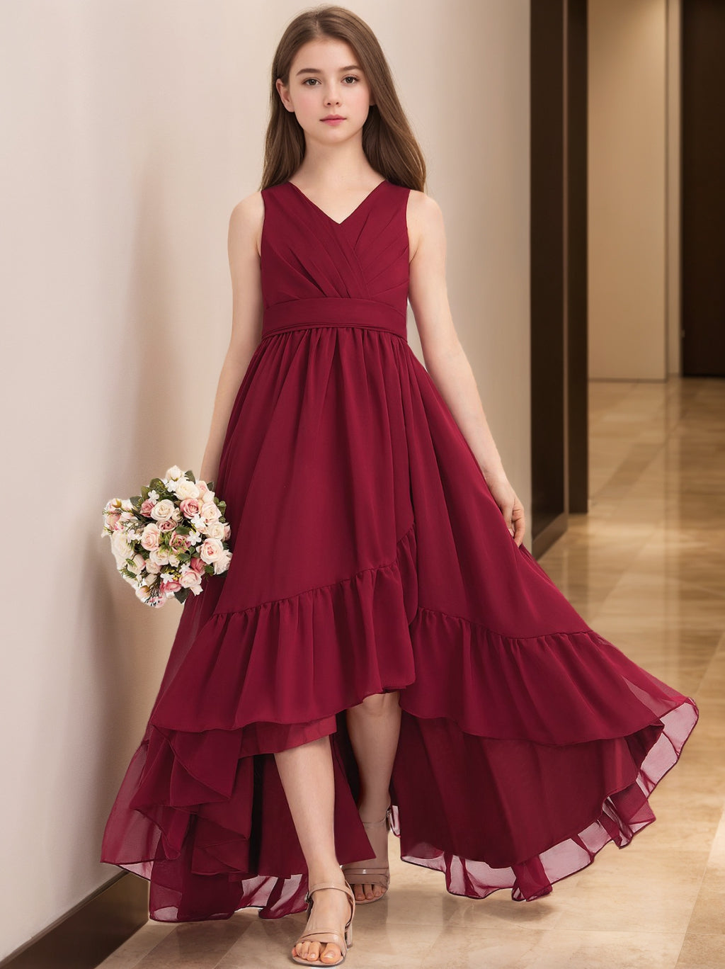 V-Neck Sleeveless High Low Pleats Junior Girl Bridesmaid Dresses with Ruffles Burgundy