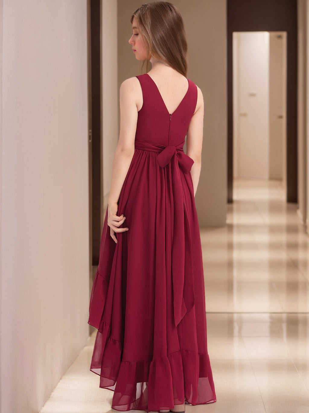 V-Neck Sleeveless High Low Pleats Junior Girl Bridesmaid Dresses with Ruffles Dark Green