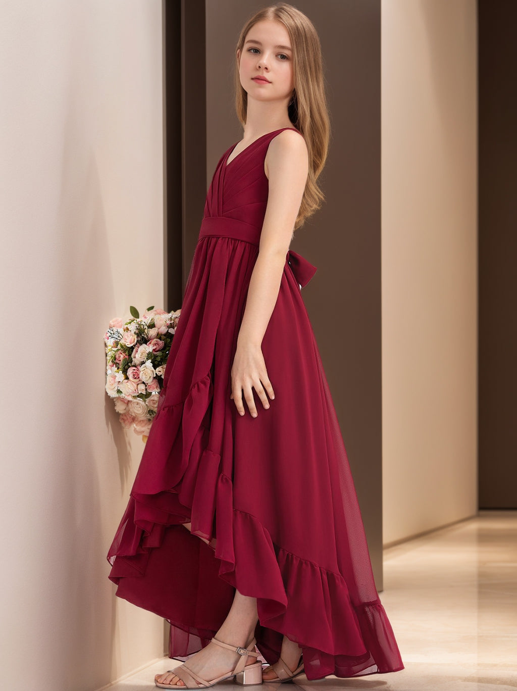 V-Neck Sleeveless High Low Pleats Junior Girl Bridesmaid Dresses with Ruffles Cabernet