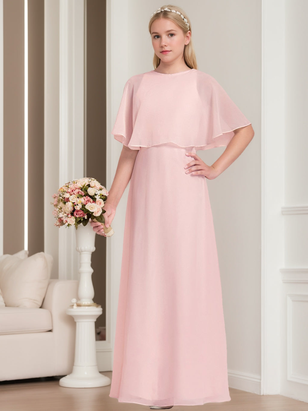 A-Line/Princess Round Neck Floor-Length Junior Girl Bridesmaid Dresses Pearl Pink