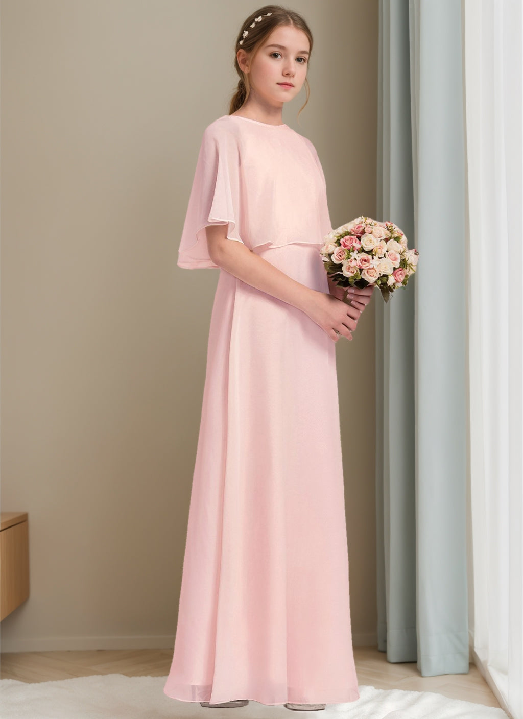 A-Line/Princess Round Neck Floor-Length Junior Girl Bridesmaid Dresses Dark Green