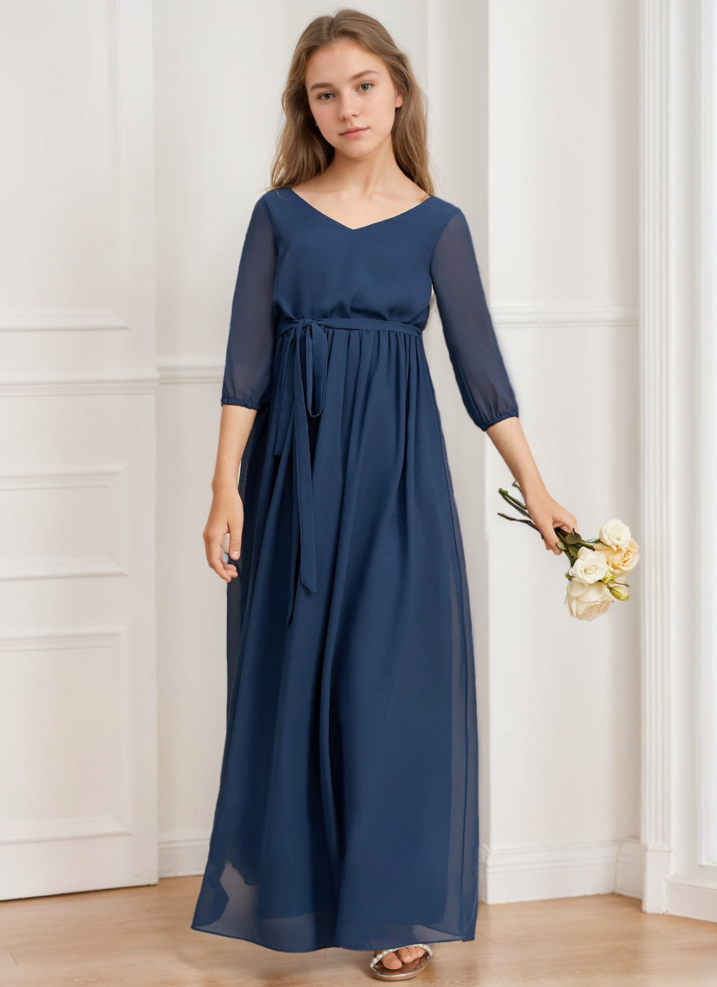 A-Line/Princess V-Neck 3/4 Sleeves Junior Girl Bridesmaid Dresses with Sash Dark Navy