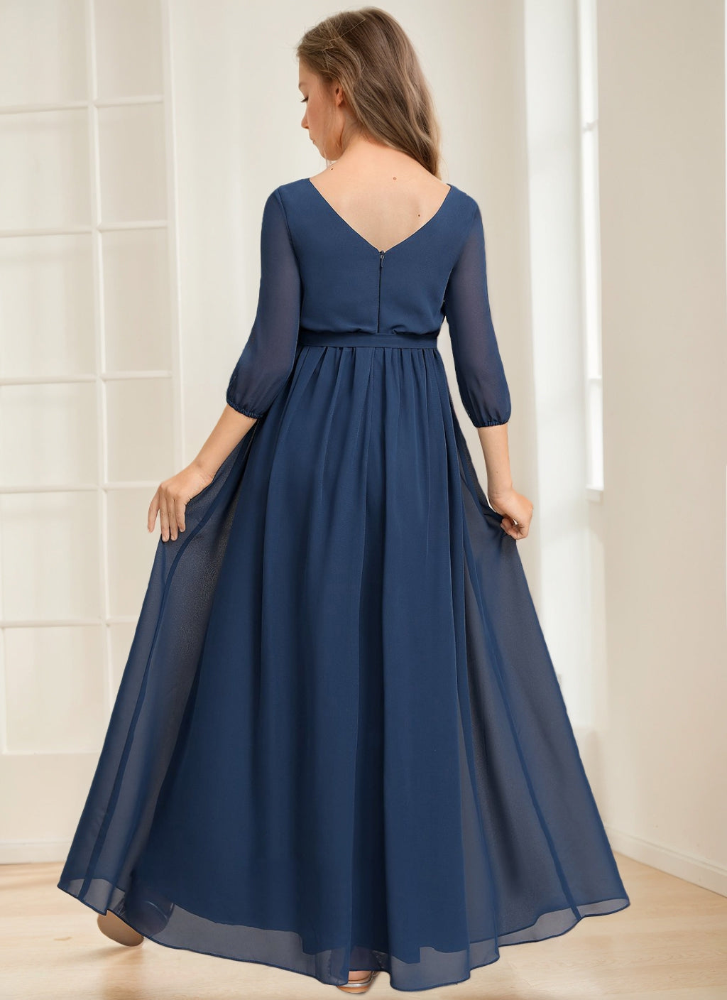 A-Line/Princess V-Neck 3/4 Sleeves Junior Girl Bridesmaid Dresses with Sash Dusty Blue