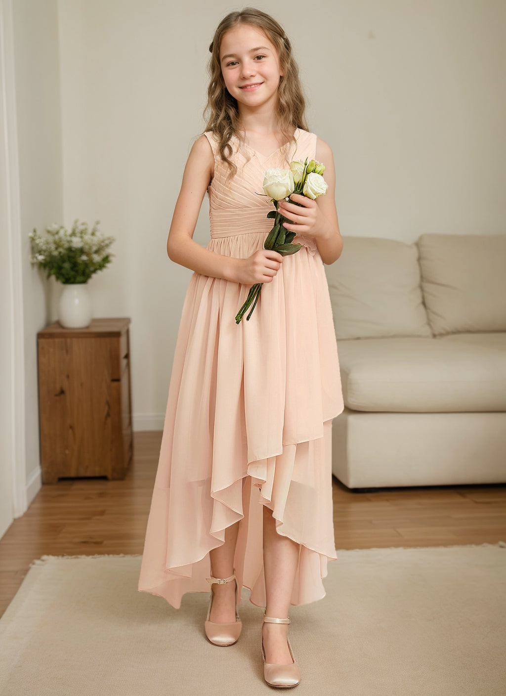 A-Line/Princess V-Neck Asymmetrical Pleated Chiffon Junior Bridesmaid Dress With Flower Pearl Pink