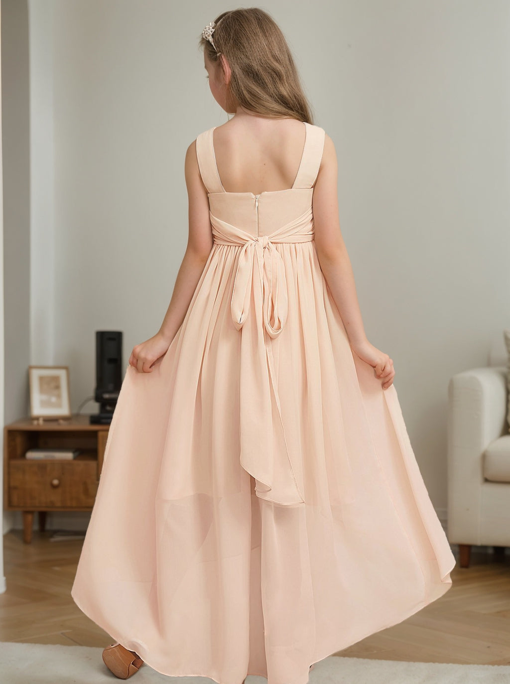 A-Line/Princess V-Neck Asymmetrical Pleated Chiffon Junior Bridesmaid Dress With Flower Dark Navy