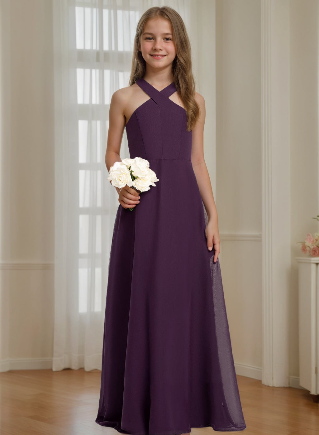 A-Line/Princess Halter Sleeveless Floor-Length Junior Bridesmaid Dress Grape