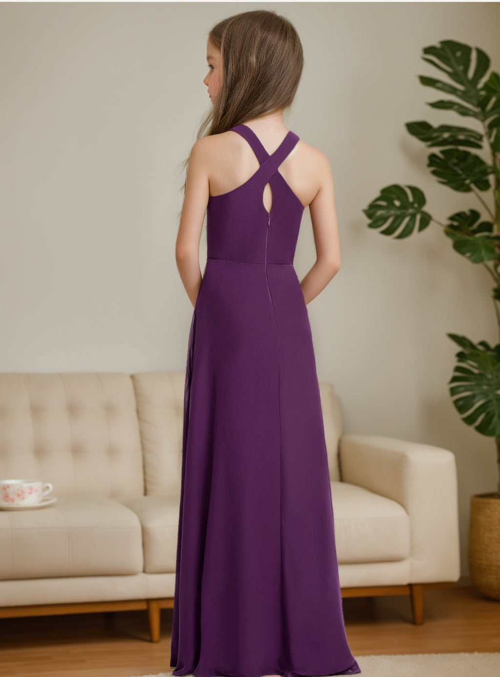 A-Line/Princess Halter Sleeveless Floor-Length Junior Bridesmaid Dress Pearl Pink