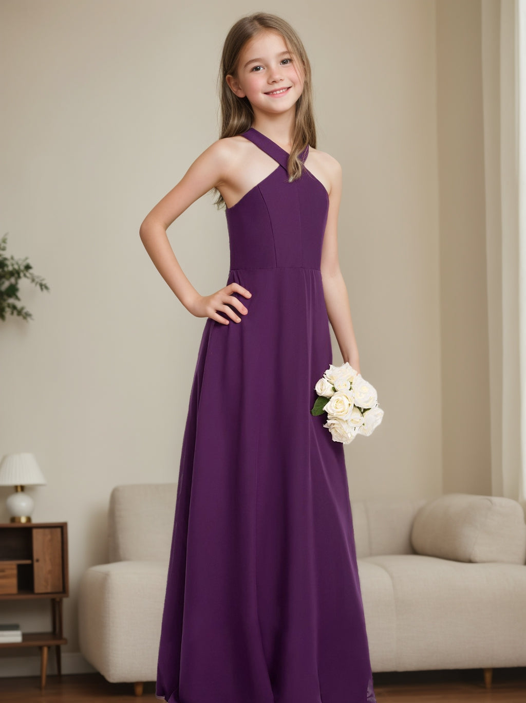 A-Line/Princess Halter Sleeveless Floor-Length Junior Bridesmaid Dress Dark Navy