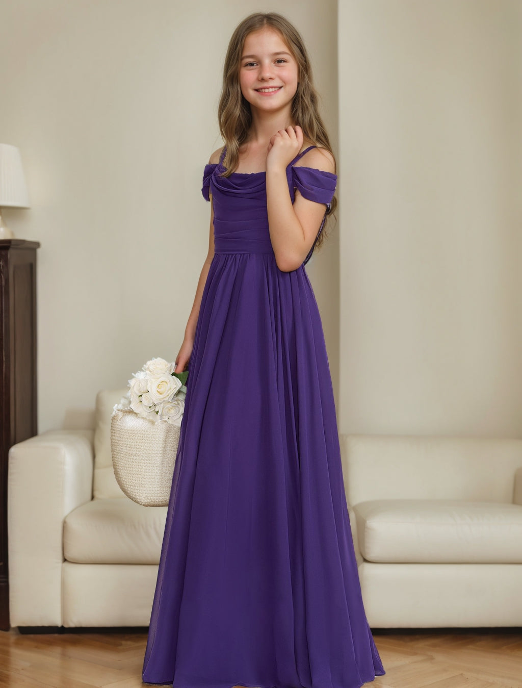 A-Line/Princess Off-the-Shoulder Floor-Length Junior Bridesmaid Dresses Pearl Pink