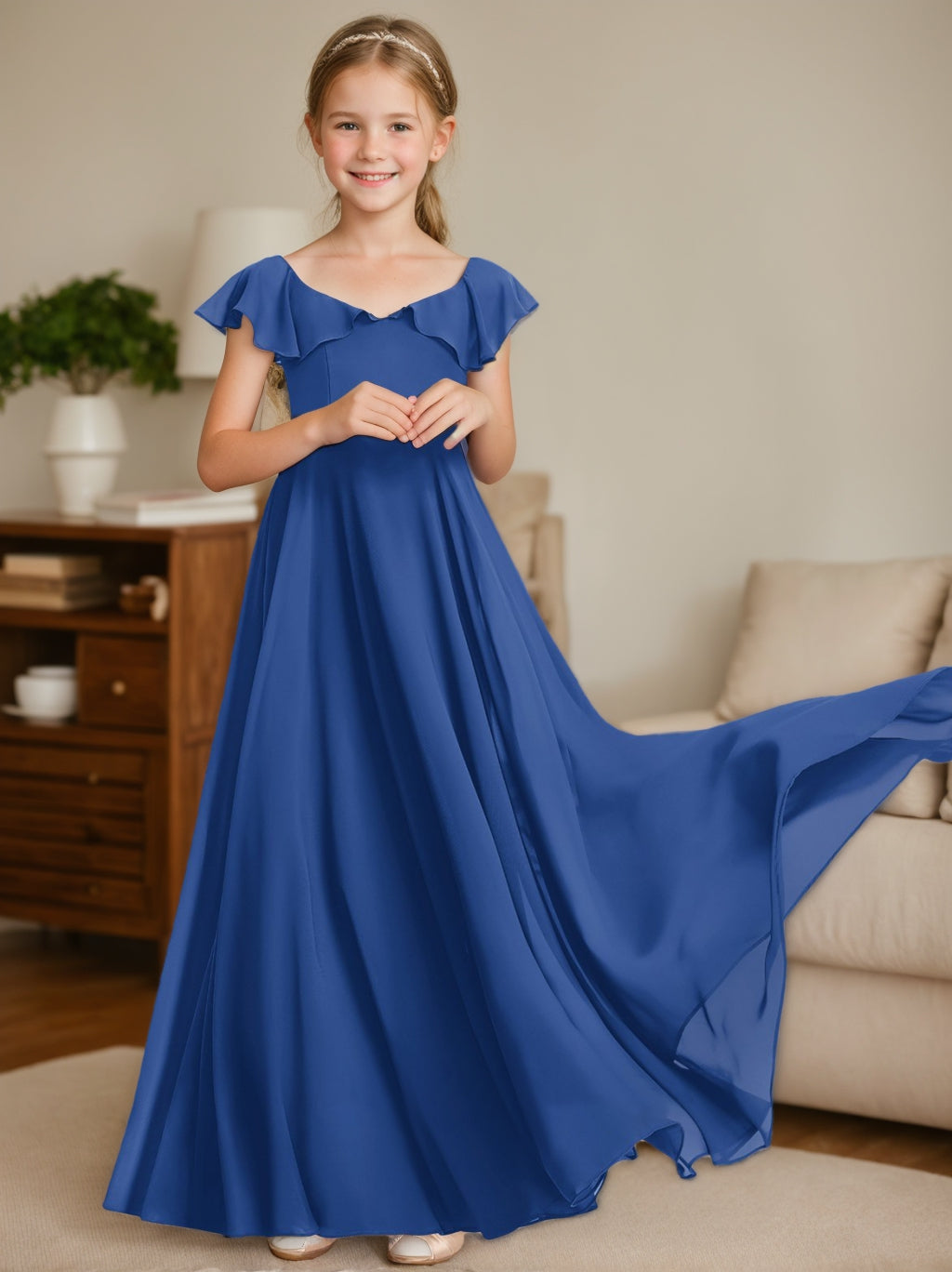 A-Line/Princess V-Neck Floor-Length Junior Bridesmaid Dresses Royal Blue