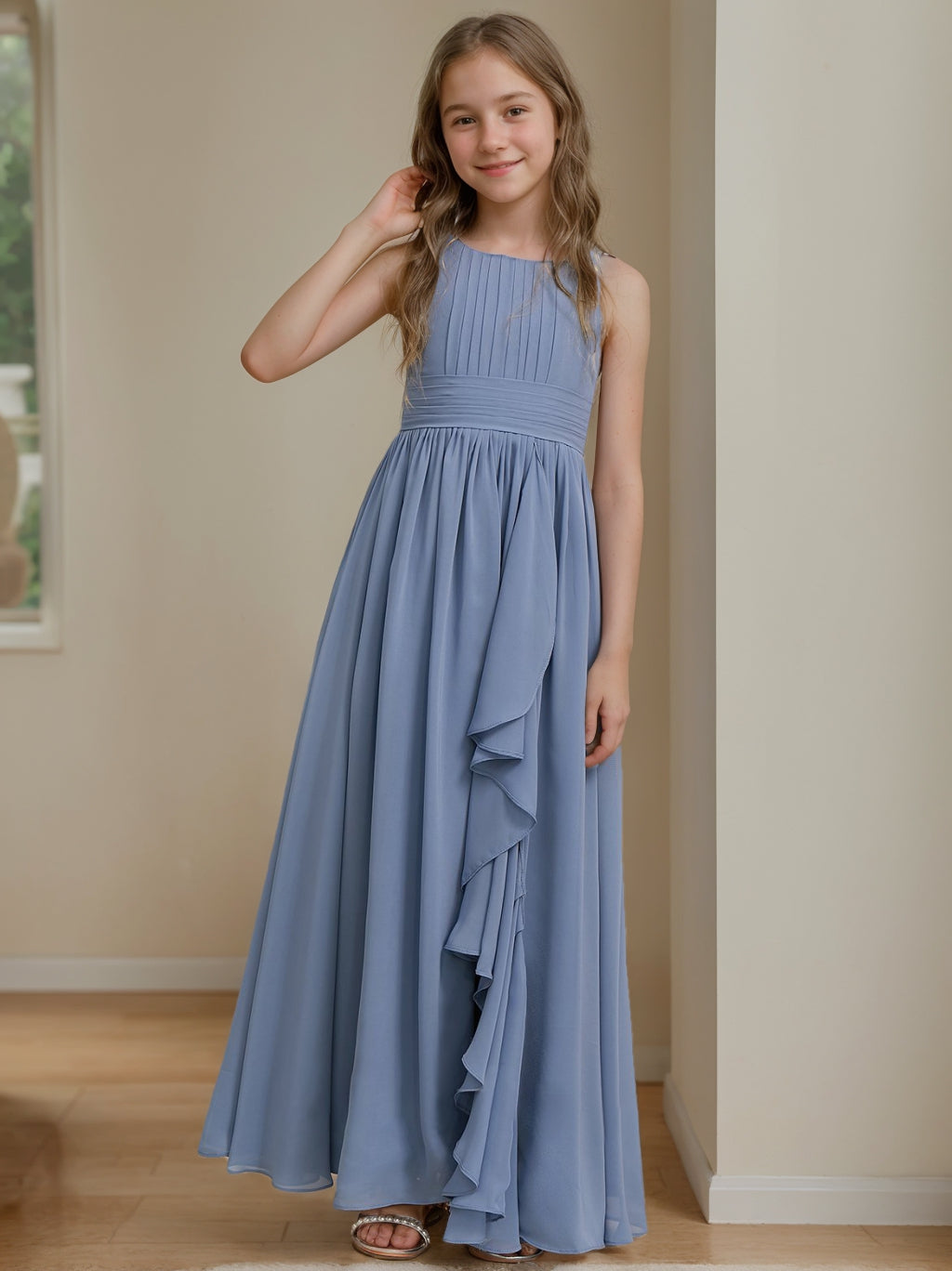 A-Line/Princess Sleeveless Floor-Length Junior Bridesmaid Dress with Ruffles Slate Blue