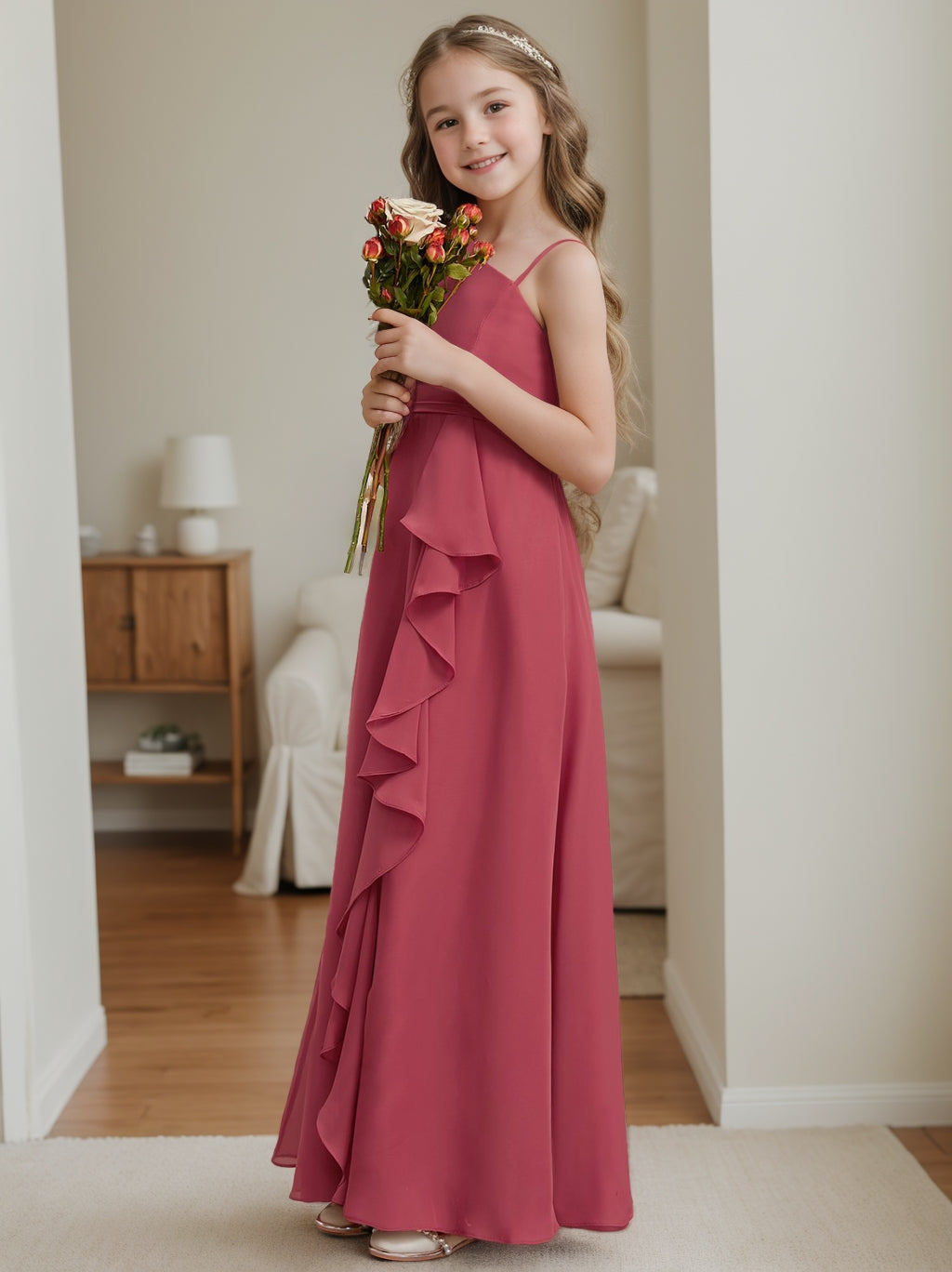 A-Line/Princess One Shoulder Floor-Length Junior Bridesmaid Dress with Ruffles Regency