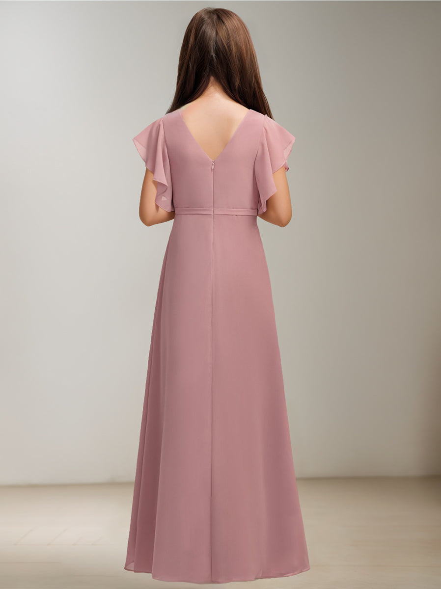 A-Line/Princess V-Neck Short Sleeves Junior Bridesmaid Dress with Ruffles Royal Blue