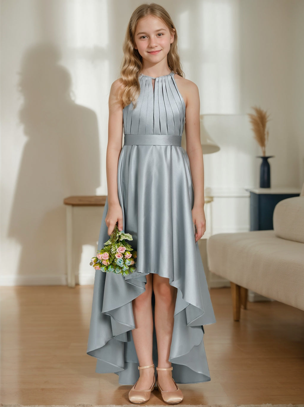 A-Line/Princess Halter Sleeveless High Low Junior Bridesmaid Dress With Pleats Dusty Blue